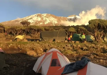 A group of hikers trekking on the Kilimanjaro Shira route